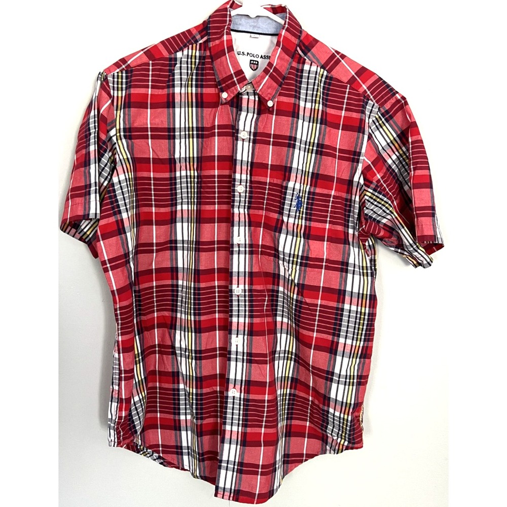 U.S. Polo Assn Shirt Mens L Red Plaid Check Button Down Short Sleeve Logo Pocket
